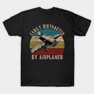 Easily Distracted By Airplanes Retro Airplane Funny Pilot T-Shirt